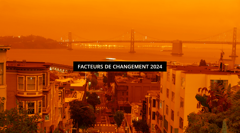 a street in San Francisco overlooking the Golden Gate bridge, the atmosphere is tinged with orange